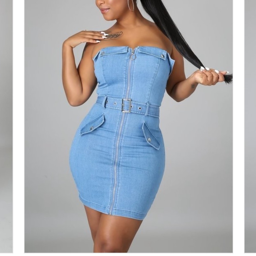 Strapless front zip denim dress